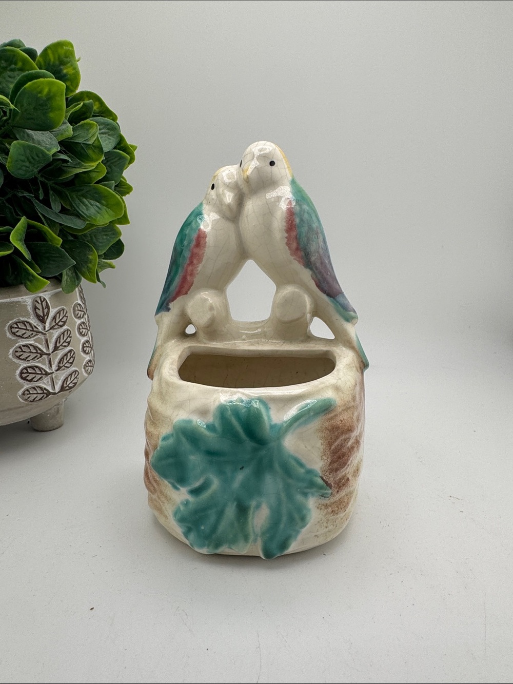 Vtg 1950’s 7” Wall Pocket Planter by Morton Pottery Love Birds MCM Retro Decor
